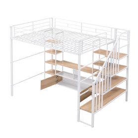 Full Size Metal Loft Bed with Staircase,Low Storage Table and Storage Shelves