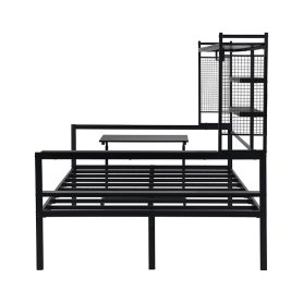 Full Size Metal Daybed With Movable Desk, Metal Grid, Shelves And Clothes Hanger