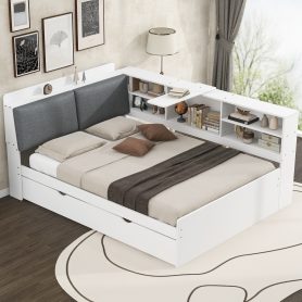 Wood Full Size Platform Bed with Trundle, Shelves and Storage Headboard