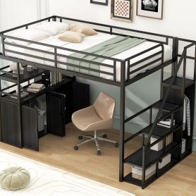 Full Size Metal Loft Bed with Storage Staircase and Wardrobe, Shelves and Lockers