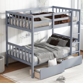 Twin Over Twin Rubber Wood Bunk Bed with 2 Drawers, Convertible into 2 Twin Beds
