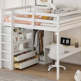 Wood Full Size Loft Bed with Built-in Wardrobe, Desk, Storage Shelves and Drawers