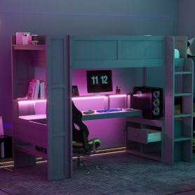 Wood Twin Size Gaming Loft Bed with Desk, Multi-storage Shelves, LED and Charging Station