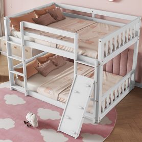 Twin Over Twin Floor Bunk Bed With Climbing Ramp, Ladder, Safety Guardrails