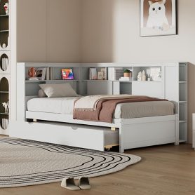 Twin Size Wood Daybed with Storage Shelves, USB and Trundle