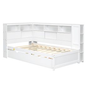 Twin Size Wood Daybed with Storage Shelves, USB and Trundle