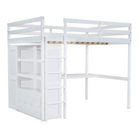 Wood Full Size Loft Bed with Built-in Wardrobe, Desk, Storage Shelves and Drawers