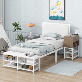 Twin Size Metal Platform Bed With Two-tier Storage Shelves and Storage Cabinet