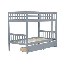 Twin Over Twin Rubber Wood Bunk Bed with 2 Drawers, Convertible into 2 Twin Beds