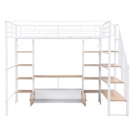 Full Size Metal Loft Bed with Staircase,Low Storage Table and Storage Shelves