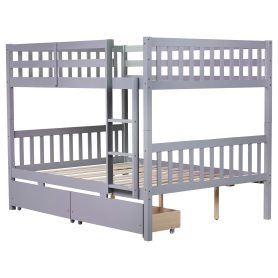 Full Over Full Rubber Wood Bunk Bed With 2 Drawers, Ladder And Safety Guardrails