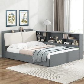 Wood Full Size Platform Bed With Storage Headboard, Shelves And 2 Drawers