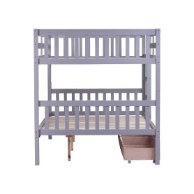 Full Over Full Rubber Wood Bunk Bed With 2 Drawers, Ladder And Safety Guardrails