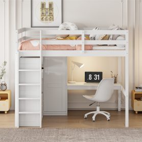Wood Full Size Loft Bed with Built-in Wardrobe, Desk, Storage Shelves and Drawers