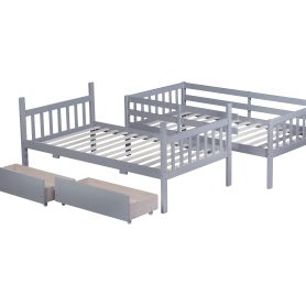 Twin Over Twin Rubber Wood Bunk Bed with 2 Drawers, Convertible into 2 Twin Beds