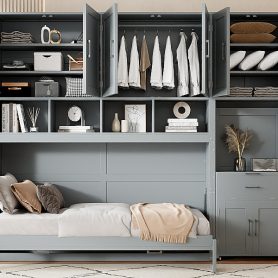 Twin Size Murphy Bed Wall Bed with Closet, Drawers and Desk 51 Twin Size Murphy Bed Wall Bed with Closet, Drawers and Desk