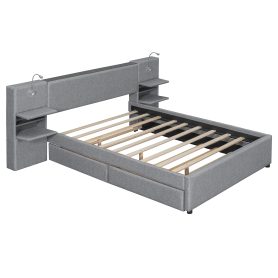 Queen Size Upholstered Platform Bed with Reading Lights, Drawers, Trundle and Shelves