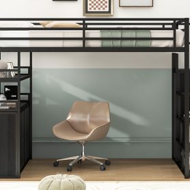 Full Size Metal Loft Bed with Storage Staircase and Wardrobe, Shelves and Lockers