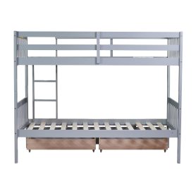 Twin Over Twin Rubber Wood Bunk Bed with 2 Drawers, Convertible into 2 Twin Beds