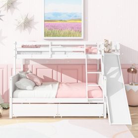 Twin Over Full Bunk Bed With 2 Drawers, Slide, Shelves, and Ladder
