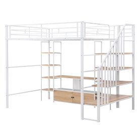 Full Size Metal Loft Bed with Staircase,Low Storage Table and Storage Shelves