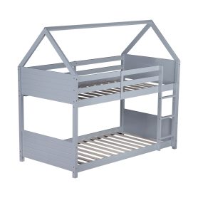 Twin Over Twin House Floor Bunk Bed with Headboards, Footboards and Guardrails 16 Rubber Wood Twin Over Twin House Floor Bunk Bed With Headboards, Footboards, Guardrails And Ladder