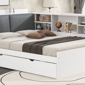Wood Full Size Platform Bed with Trundle, Shelves and Storage Headboard