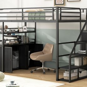 Full Size Metal Loft Bed with Storage Staircase and Wardrobe, Shelves and Lockers