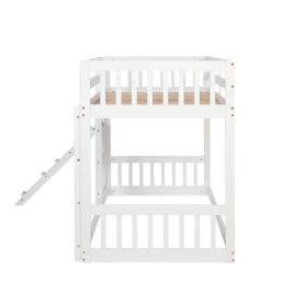 Twin Over Twin Floor Bunk Bed With Climbing Ramp, Ladder, Safety Guardrails