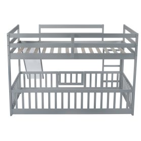 Twin Over Twin Floor Bunk Bed With Slide, Ladder, Door and Safety Guardrails