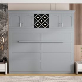 Queen Size Murphy Bed Wall Bed with Top Cabinets & Wine Rack