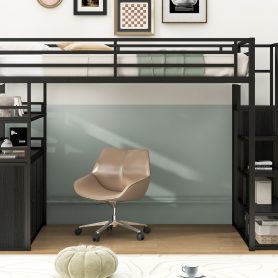 Full Size Metal Loft Bed with Storage Staircase and Wardrobe, Shelves and Lockers
