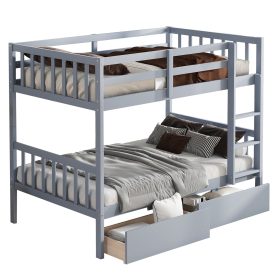 Twin Over Twin Rubber Wood Bunk Bed with 2 Drawers, Convertible into 2 Twin Beds