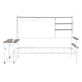 Twin Size Metal Daybed With Movable Desk, Metal Grid, Shelves And Clothes Hanger 24 Twin Size Metal Daybed With Movable Desk, Metal Grid, Shelves And Clothes Hanger