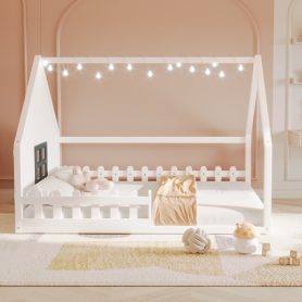 Full Size Wood House Bed with Window and Fence