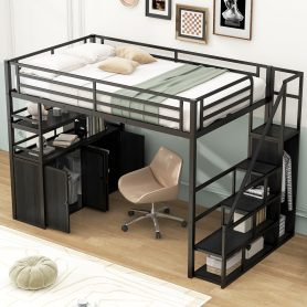 Full Size Metal Loft Bed with Storage Staircase and Wardrobe, Shelves and Lockers