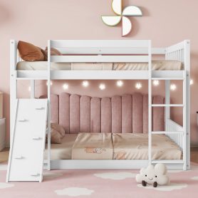 Twin Over Twin Floor Bunk Bed With Climbing Ramp, Ladder, Safety Guardrails