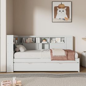 Twin Size Wood Daybed with Storage Shelves, USB and Trundle