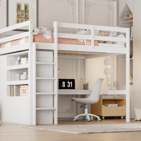 Wood Full Size Loft Bed with Built-in Wardrobe, Desk, Storage Shelves and Drawers
