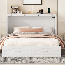 Queen Size Murphy Bed with Drawer and a set of Sockets & USB Ports, Pulley Structure Design