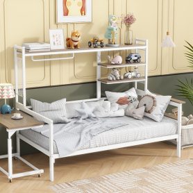 Twin Size Metal Daybed With Movable Desk, Metal Grid, Shelves And Clothes Hanger 35 Twin Size Metal Daybed With Movable Desk, Metal Grid, Shelves And Clothes Hanger
