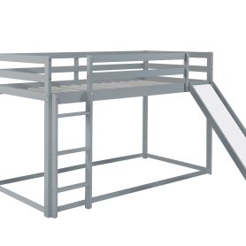 Twin Over Twin Floor Bunk Bed With Slide, Ladder, Door and Safety Guardrails