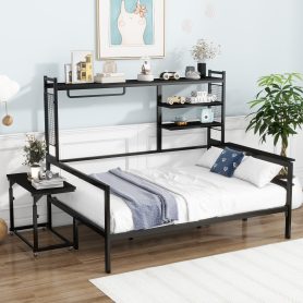 Full Size Metal Daybed With Movable Desk, Metal Grid, Shelves And Clothes Hanger