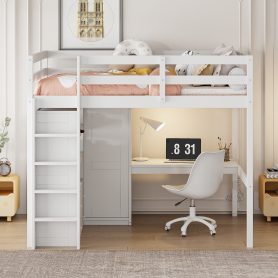 Wood Full Size Loft Bed with Built-in Wardrobe, Desk, Storage Shelves and Drawers
