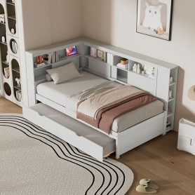 Twin Size Wood Daybed with Storage Shelves, USB and Trundle