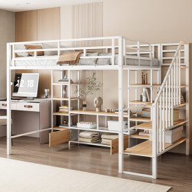 Full Size Metal Loft Bed with Staircase,Low Storage Table and Storage Shelves