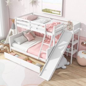 Twin Over Full Bunk Bed With 2 Drawers, Slide, Shelves, and Ladder