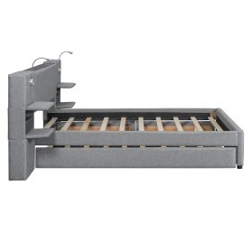 Queen Size Upholstered Platform Bed with Reading Lights, Drawers, Trundle and Shelves