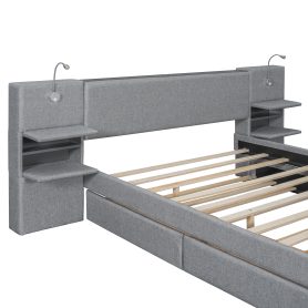 Queen Size Upholstered Platform Bed with Reading Lights, Drawers, Trundle and Shelves