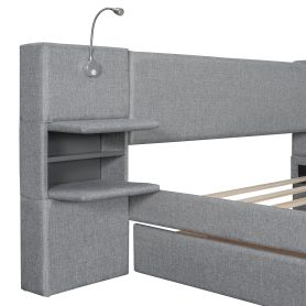 Queen Size Upholstered Platform Bed with Reading Lights, Drawers, Trundle and Shelves